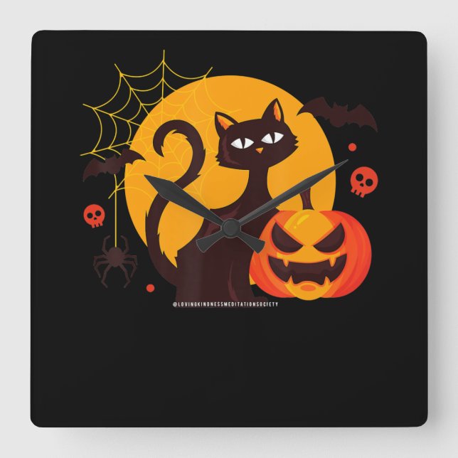 Spider Gift | Halloween Black Cat Spider Pumpkin Square Wall Clock (Front)