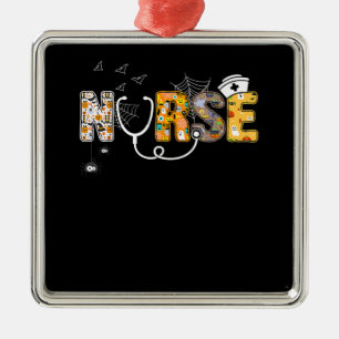 Spider Gift Halloween Nurse With Pumpkin Spider Metal Ornament