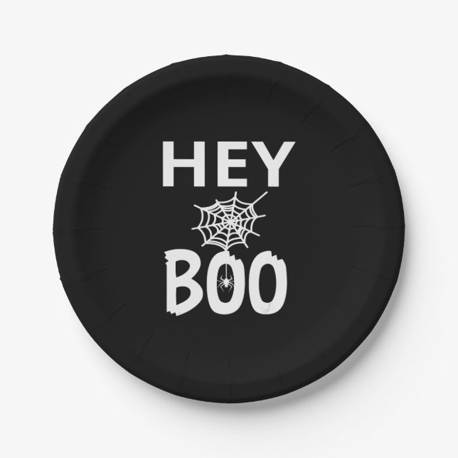 Spider Gift | Hey Boo Halloween Funny Spider Web Paper Plate (Front)
