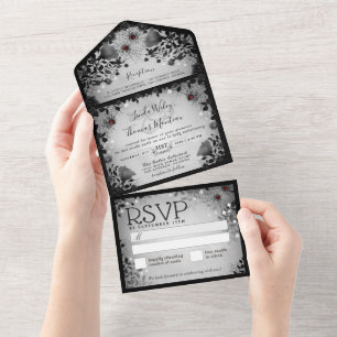 Spider Love Grey & Black Gothic Floral Halloween All In One Invitation