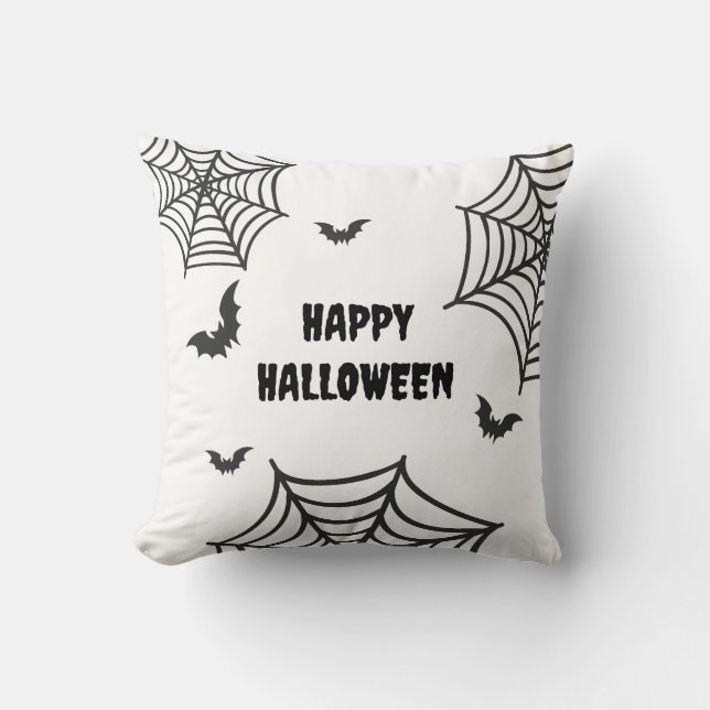 Spider web Bat Black and White Happy  Halloween Cushion (Front)