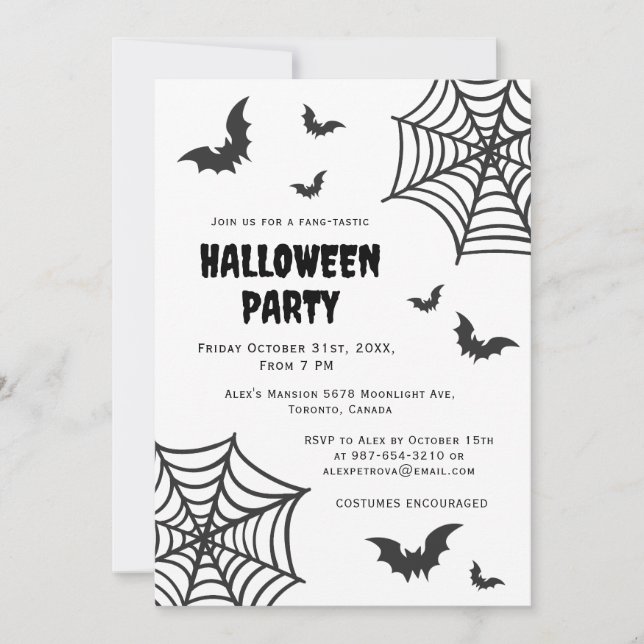 Spider Web Bat Spooky Black White Halloween Party Invitation (Front)