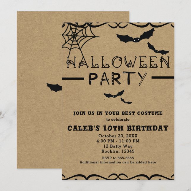 Spider Web & Bats Cute Halloween Costume Party Invitation (Front/Back)