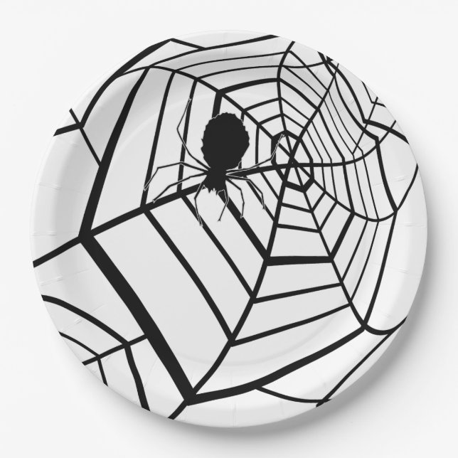 Spider Web -Black White Halloween Party Paper Plate (Front)