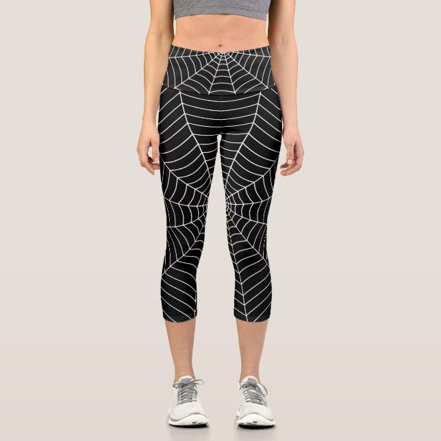 Spider web black white Halloween pattern Capri Leggings (Front)