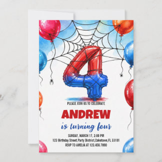 Spider Web Hero Red Blue Balloon Birthday Invitation
