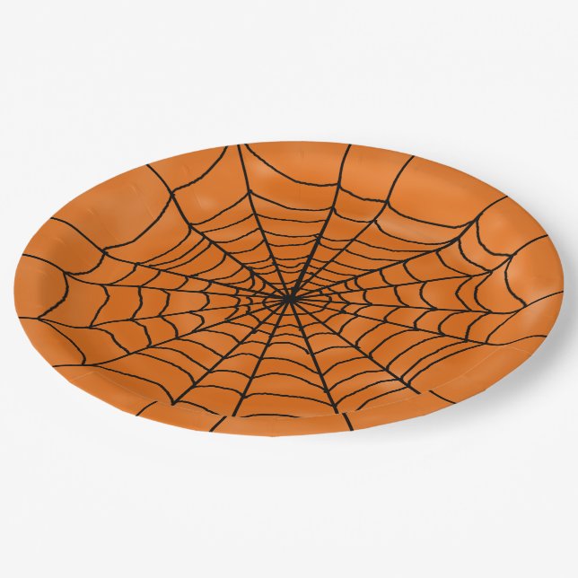 Spider Web on Orange Halloween Paper Plate (Angled)