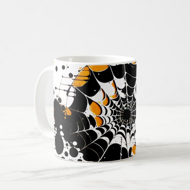 Spider Web Orange and Black Ink Splatter Mug (Front Left)