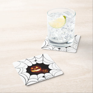 Spider Web with Pumpkins Square Paper Coaster