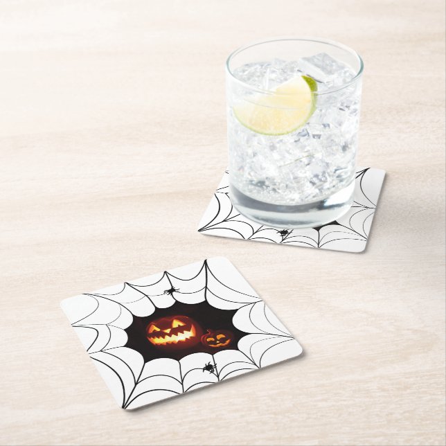 Spider Web with Pumpkins Square Paper Coaster (Insitu)