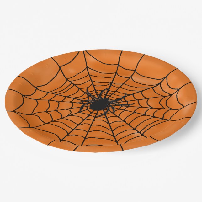 Spider Web with spider on Orange Halloween Paper Plate (Angled)