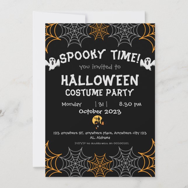 spider webs Orange Spooky Adult Halloween Party Invitation (Front)