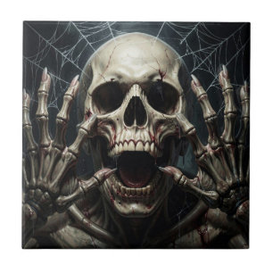 Spider Webs, Skull and Bones Spooky Halloween Ceramic Tile