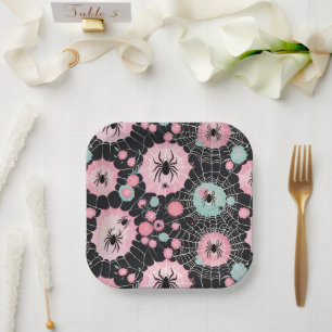 Spiders And Webs In Pink And Pale Blues On Black Paper Plate