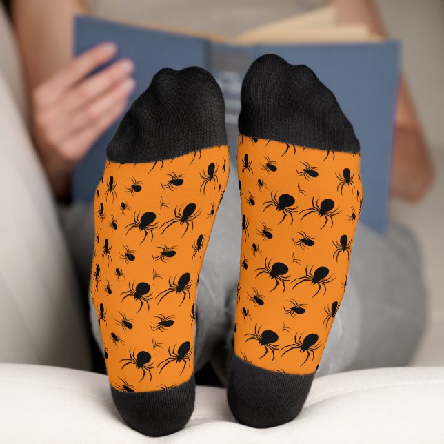 Spiders Halloween pattern Black and Orange Socks (Bottom)