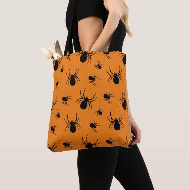 Spiders Halloween pattern Black and Orange Tote Bag (Close Up)