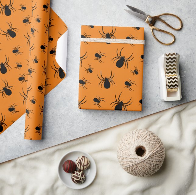 Spiders Halloween pattern Black and Orange Wrapping Paper (Crafts)