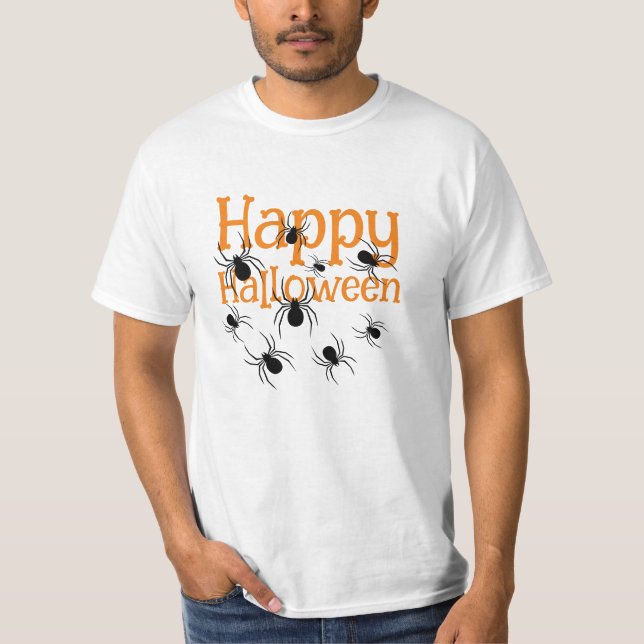 Spiders Happy Halloween Black and Orange T-Shirt (Front)
