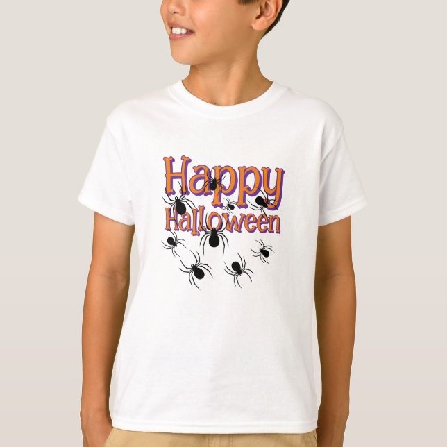 Spiders Happy Halloween Black and Orange T-Shirt (Front)
