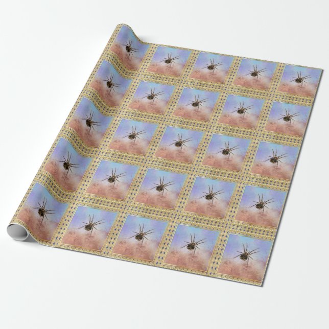 Spiders on blue and gold grunge, art deco frame wrapping paper (Unrolled)