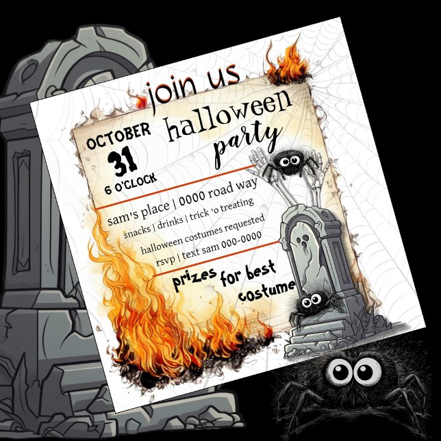 Spiders | Tombstone | Halloween Party Invitation (Cute spider and tombstone Halloween party invitations you customize. )