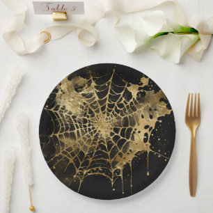 Spiderweb Elegance   Creepy Beautiful Gold Cobweb Paper Plate