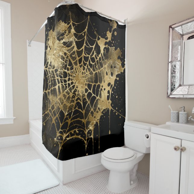 Spiderweb Elegance | Creepy Beautiful Gold Cobweb Shower Curtain (In Situ)