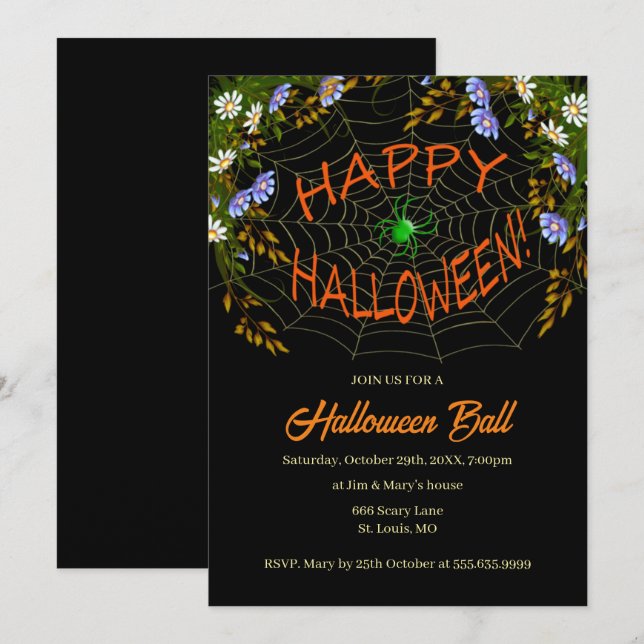 Spiderweb Floral Halloween Party Invitation (Front/Back)
