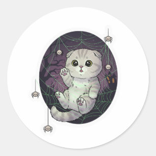 Spiderweb Fold – Cute Scottish Fold Cat Halloween Classic Round Sticker