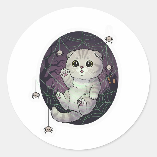 Spiderweb Fold – Cute Scottish Fold Cat Halloween Classic Round Sticker (Front)