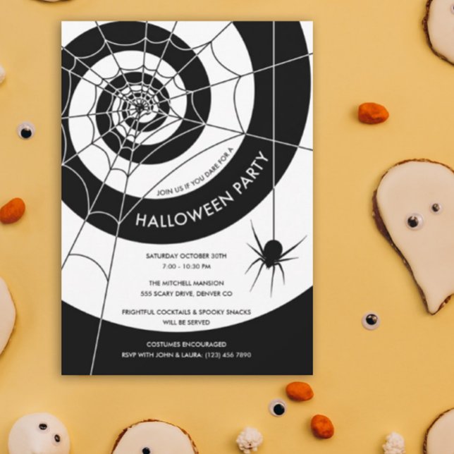 Spiderweb Halloween Party Invitations (Halloween Themed Party Invitation with scary spider and black and white spider web.)