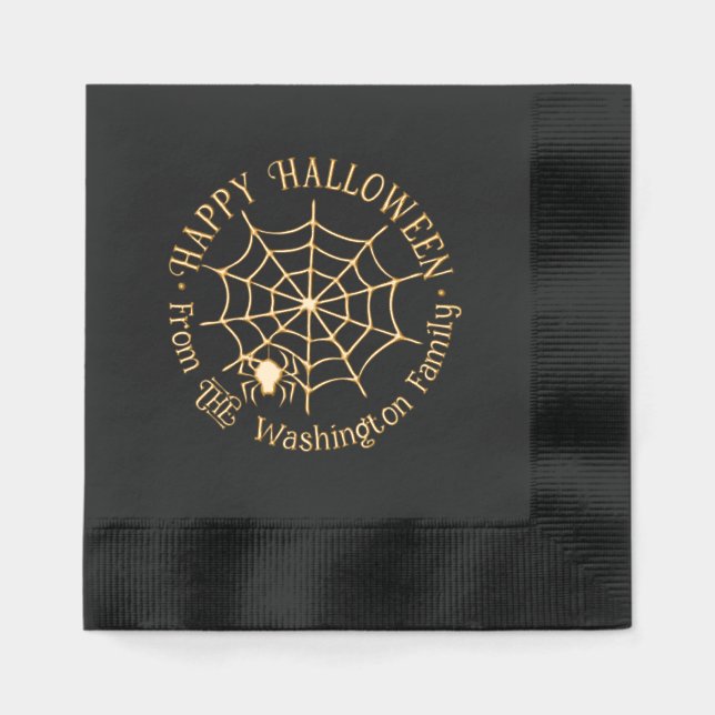 SpiderWeb & Hanging Spider Halloween Family Name Foil Napkins (Front)
