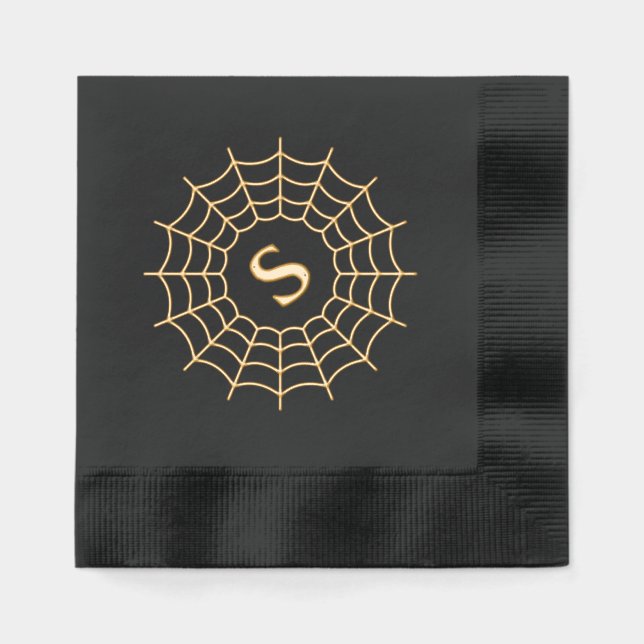 Spiderweb monogram initial Halloween black Foil Napkins (Front)
