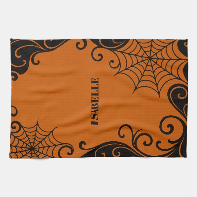 Spiderweb Ornament Orange Black halloween Tea Towel (Horizontal)