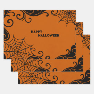 Spiderweb Ornament Orange Black Halloween Wrapping Paper Sheet