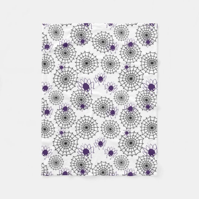 Spiderweb & Purple Spiders Halloween White Pattern Fleece Blanket (Front)