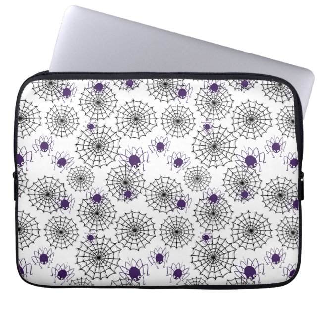 Spiderweb & Purple Spiders Halloween White Pattern Laptop Sleeve (Front)