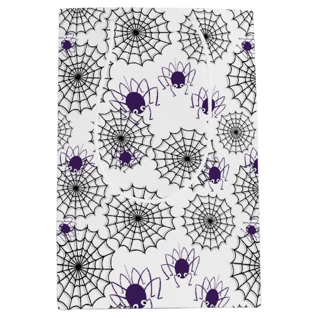 Spiderweb & Purple Spiders Halloween White Pattern Medium Gift Bag (Front)