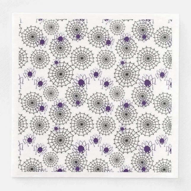 Spiderweb & Purple Spiders Halloween White Pattern Napkin (Front)