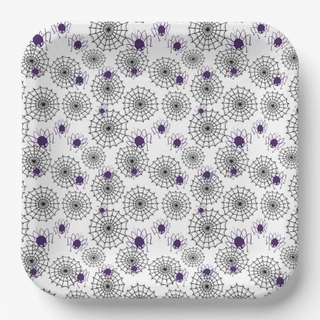 Spiderweb & Purple Spiders Halloween White Pattern Paper Plate (Front)