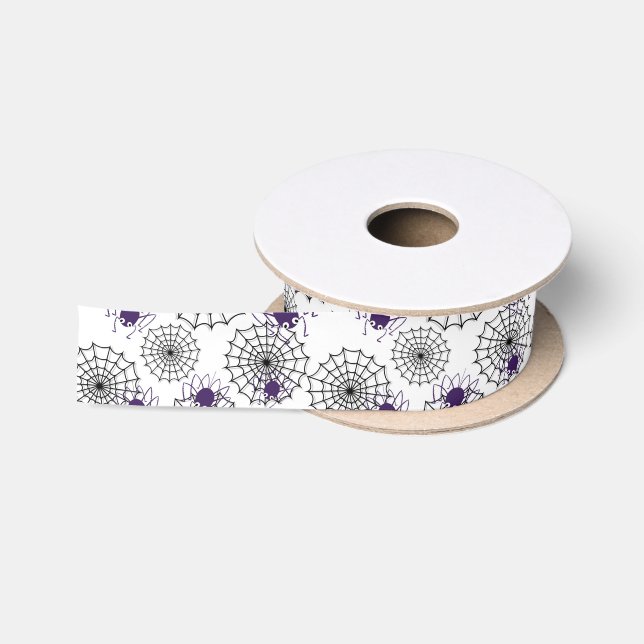 Spiderweb & Purple Spiders Halloween White Pattern Satin Ribbon (Spool)