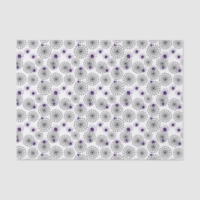 Spiderweb & Purple Spiders Halloween White Pattern Tissue Paper (Front)