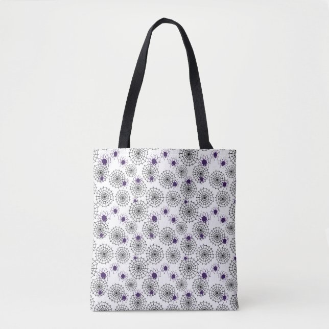 Spiderweb & Purple Spiders Halloween White Pattern Tote Bag (Front)