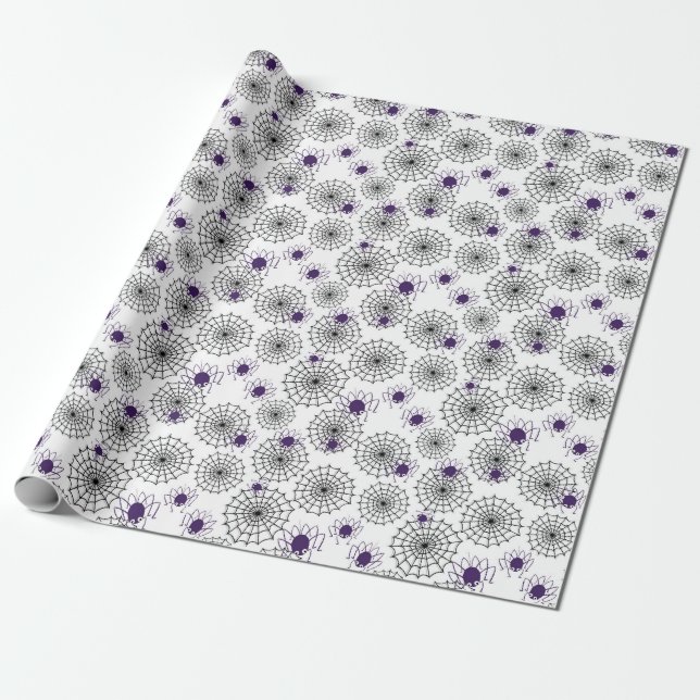 Spiderweb & Purple Spiders Halloween White Pattern Wrapping Paper (Unrolled)