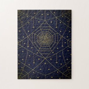 Spiderweb spider and stars black and gold jigsaw puzzle