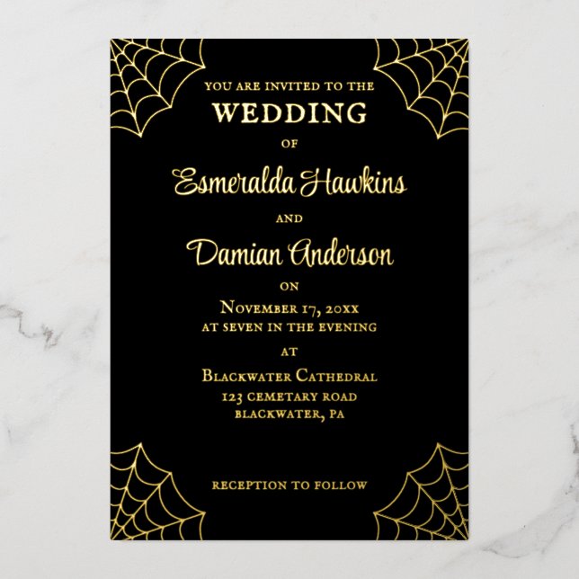 Spiderwebs Black and Gold Gothic Wedding (Front)