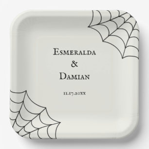 Spiderwebs Black and White Gothic Wedding Paper Plate