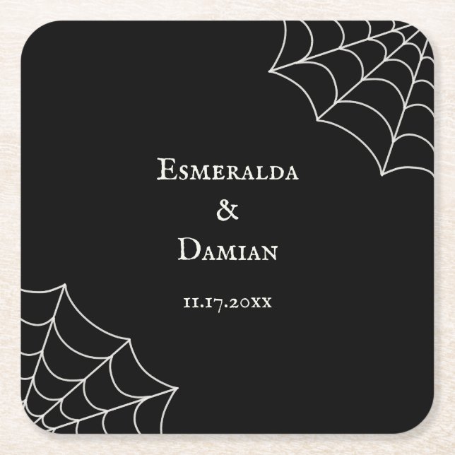 Spiderwebs Black and White Gothic Wedding Square Paper Coaster (Front)