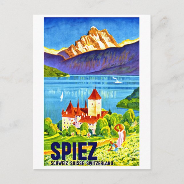 Spiez, green field in front of Switzerland city Postcard (Front)