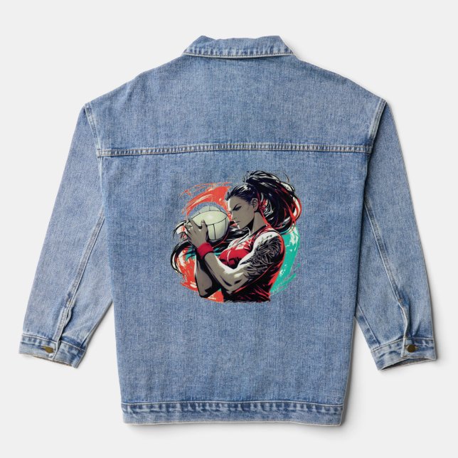 Spike, Kick, Swing! Volleyball, Soccer & Softball Denim Jacket (Back)